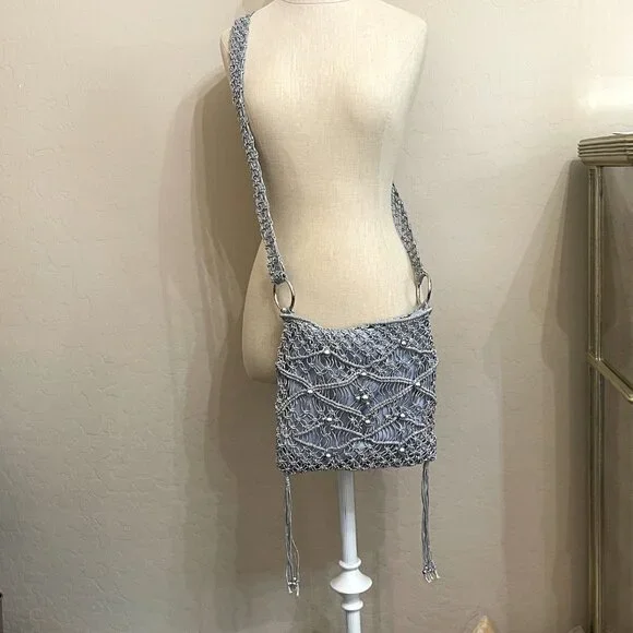 Crossbody Bag Macrame Crochet Beaded Fringe Silver Purse - Picture 3 of 9